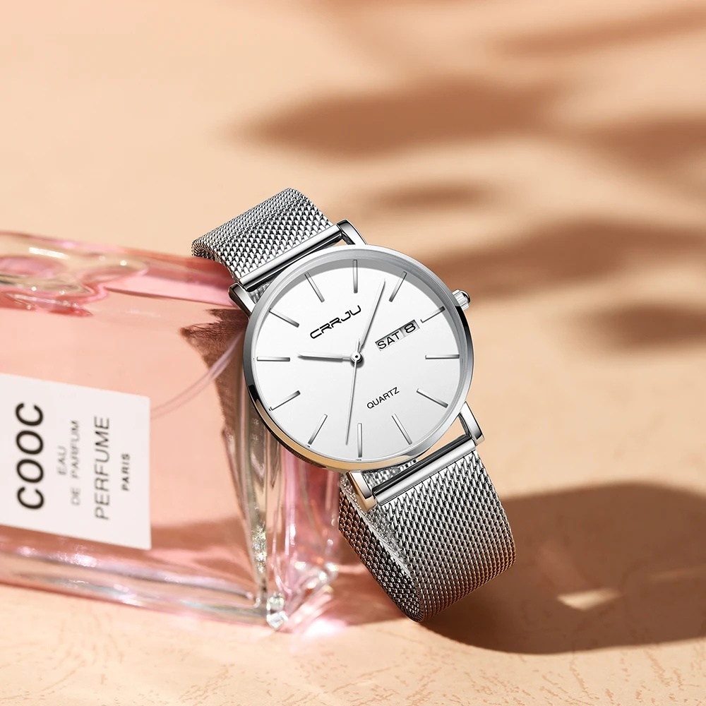 CRRJU Original Factory Waterproof Minimal Design Japan Movement Ladies Silver White Watch