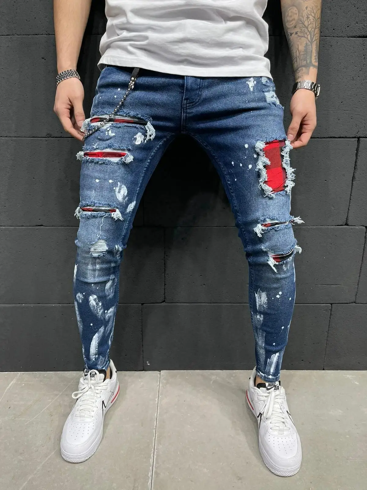 Fabriek populaire gewassen herenjeans van denim, strakke gescheurde broek voor heren, zwart-wit vrijdag casual vrijetijdsjeans voor heren met gaten