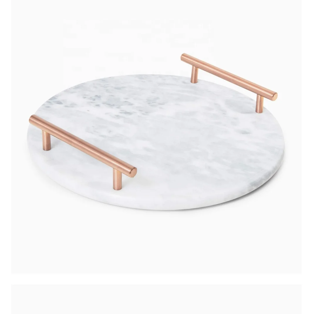 Modernes, elegantes rundes Marmor-Service-Tablett mit Griffen – natürliche Farbe, individuelle Größe möglich – Großhandel für Hotels, Gastronomie und Bankette