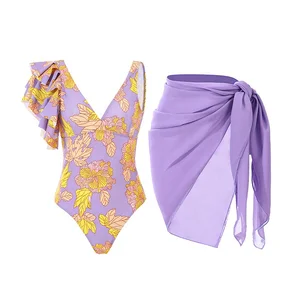 JSN  Vintage Purple Woman Beachwwear Swim Wear One Shoulder Print Swimsuit Bikini Beach Dress Suit