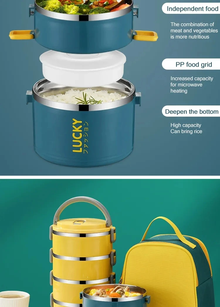 Stainless Steel Double Layer Round Bento Box Lunch Box With Handle