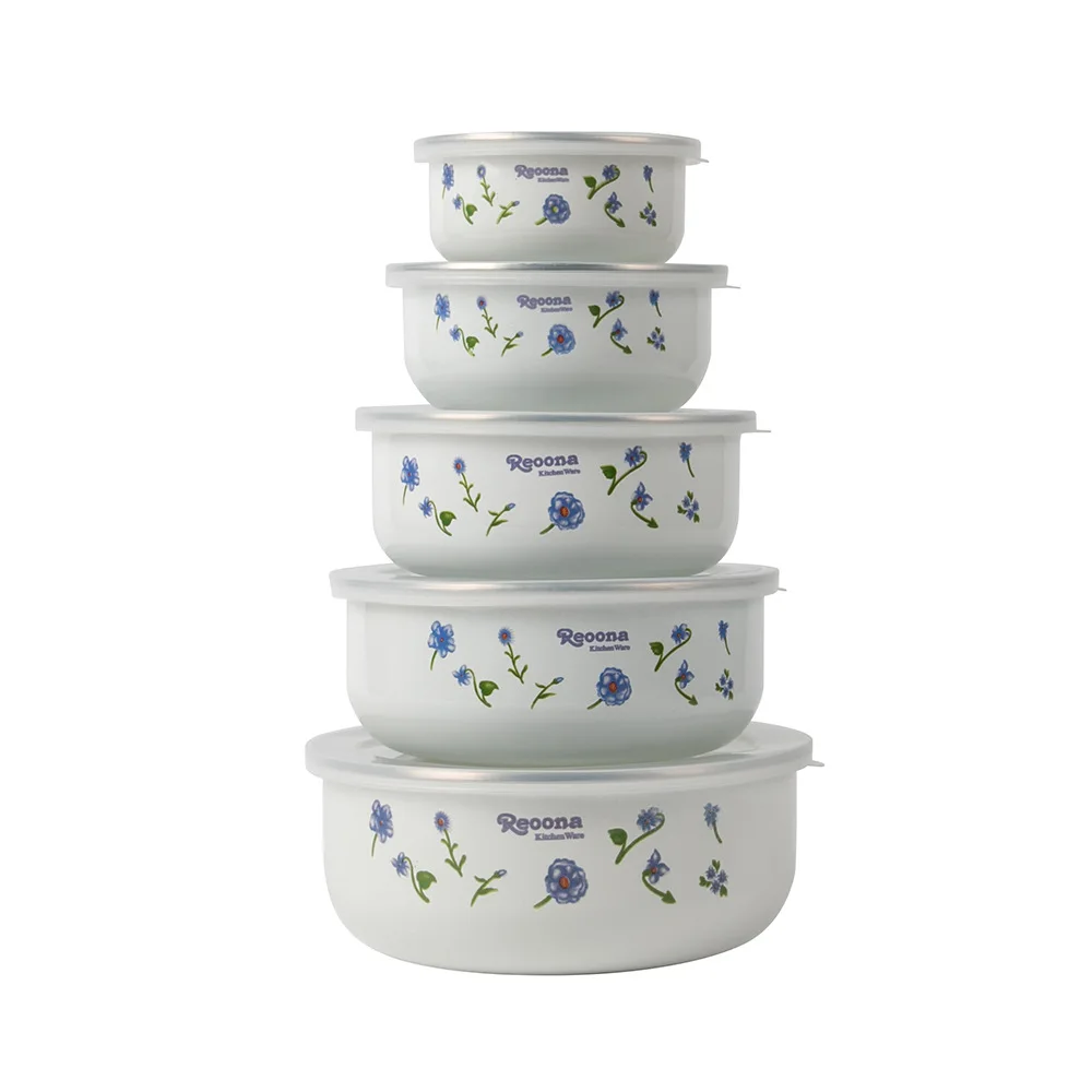 Reoona Pattern 10-18cm Salad Bowl Set Good Quality 5-Piece Enamelware Food Grade Fresh Storage Country Ceramic Dish 5-Piece Set