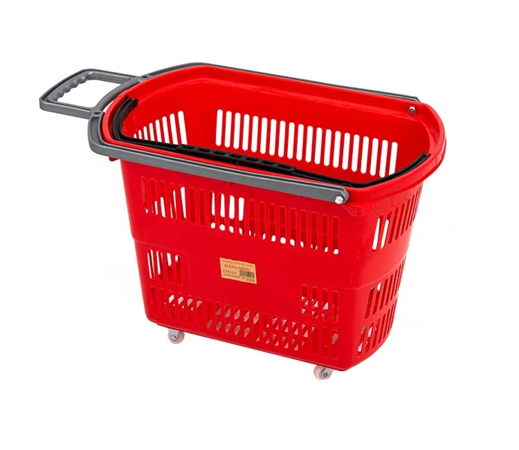 Custom Supermarket Rolling Cheap Plastic Shopping Basket With 4 Wheels