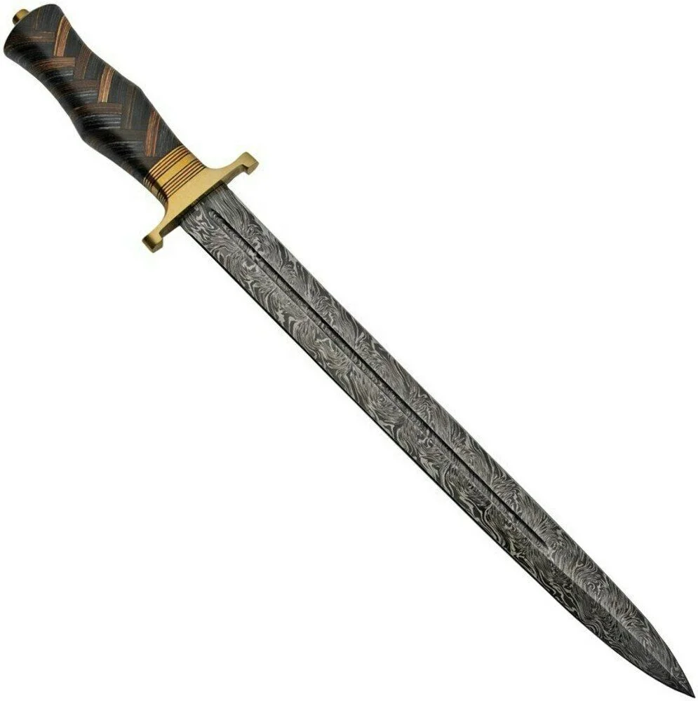 美丽的定制手工大马士革钢固定刀片狩猎剑柄硬木材配黄铜夹