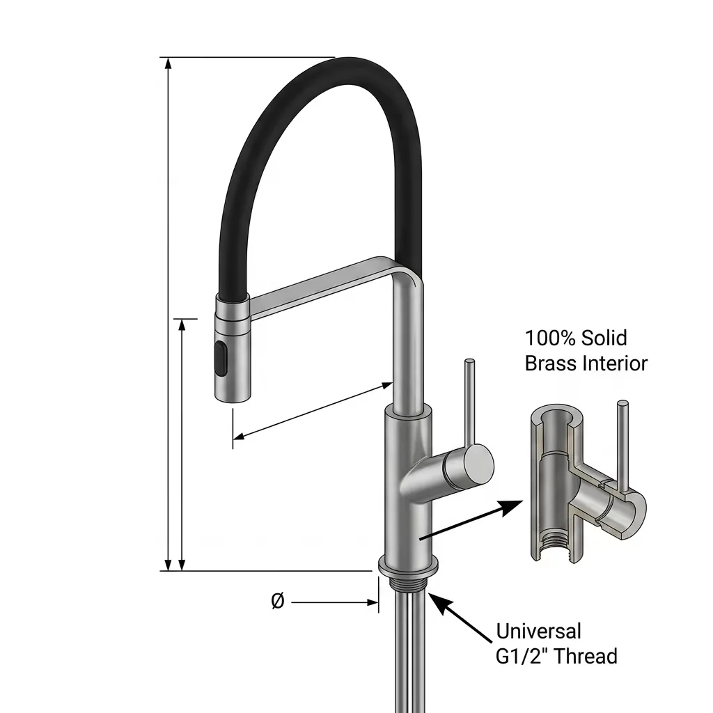 Polished brass finish on modern sink tap Brass kitchen faucet component details and finish