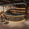 Dark cultural stone + black wood grain, long outer arc