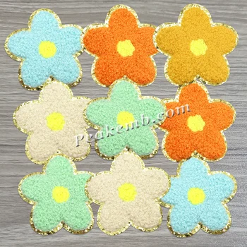 Golden Glitter Chenille Flower Iron-on Patches 63mm Fashionable Heat Press Embroidered Patches Handmade Fabric Plastic Hat