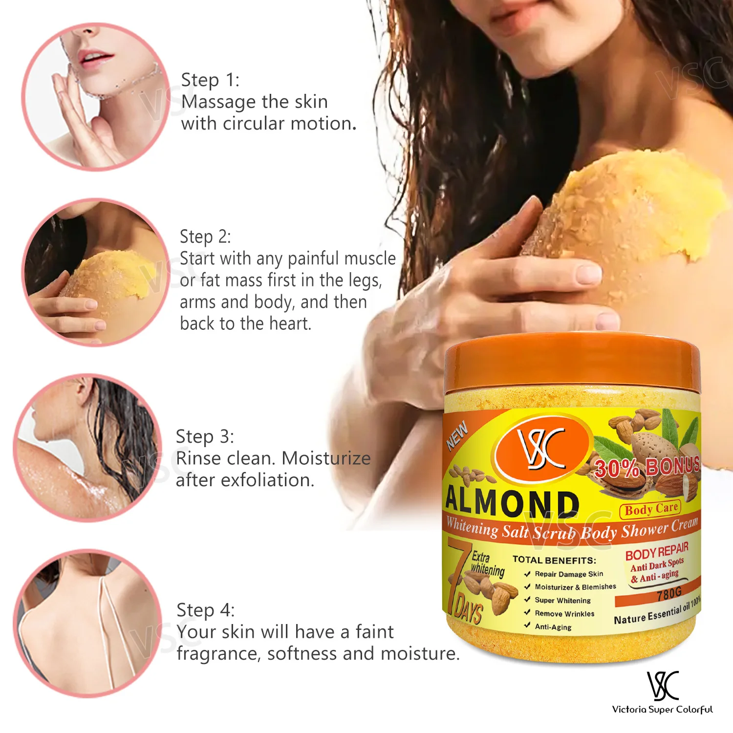 Gommage corporel au sel blanchissant au curcuma, crème de douche, vente en gros, éclaircissant, nettoyant pour le corps et le visage, exfoliant les taches brunes, soin de la peau