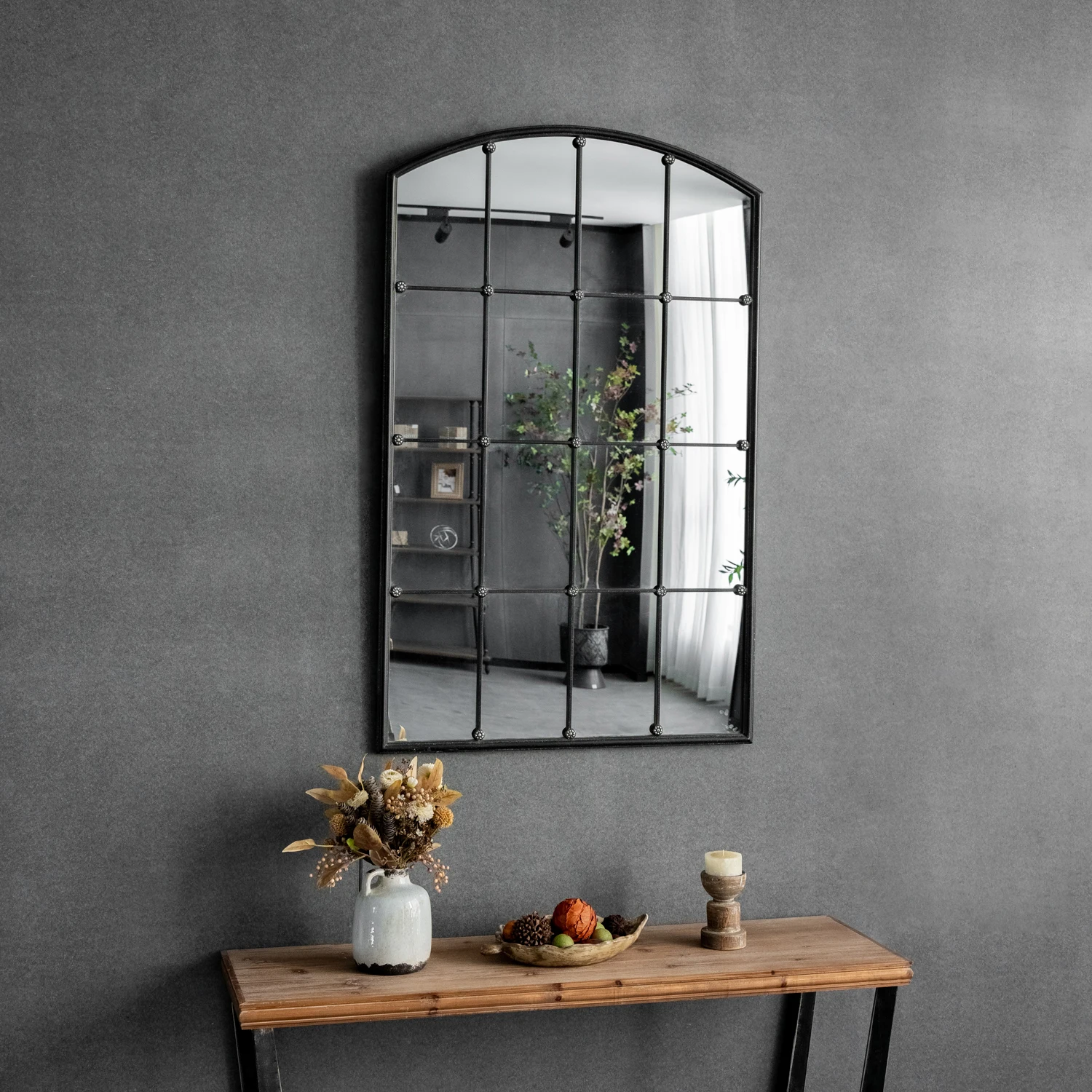 YUNFEI Arch Black Mirror Grid Window Shape Mirror Large
