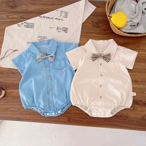 Solid Baby Romper Boys Short Sleeve Gentleman Bow Tie Shirt Summer Formal Wear Baby Rompers