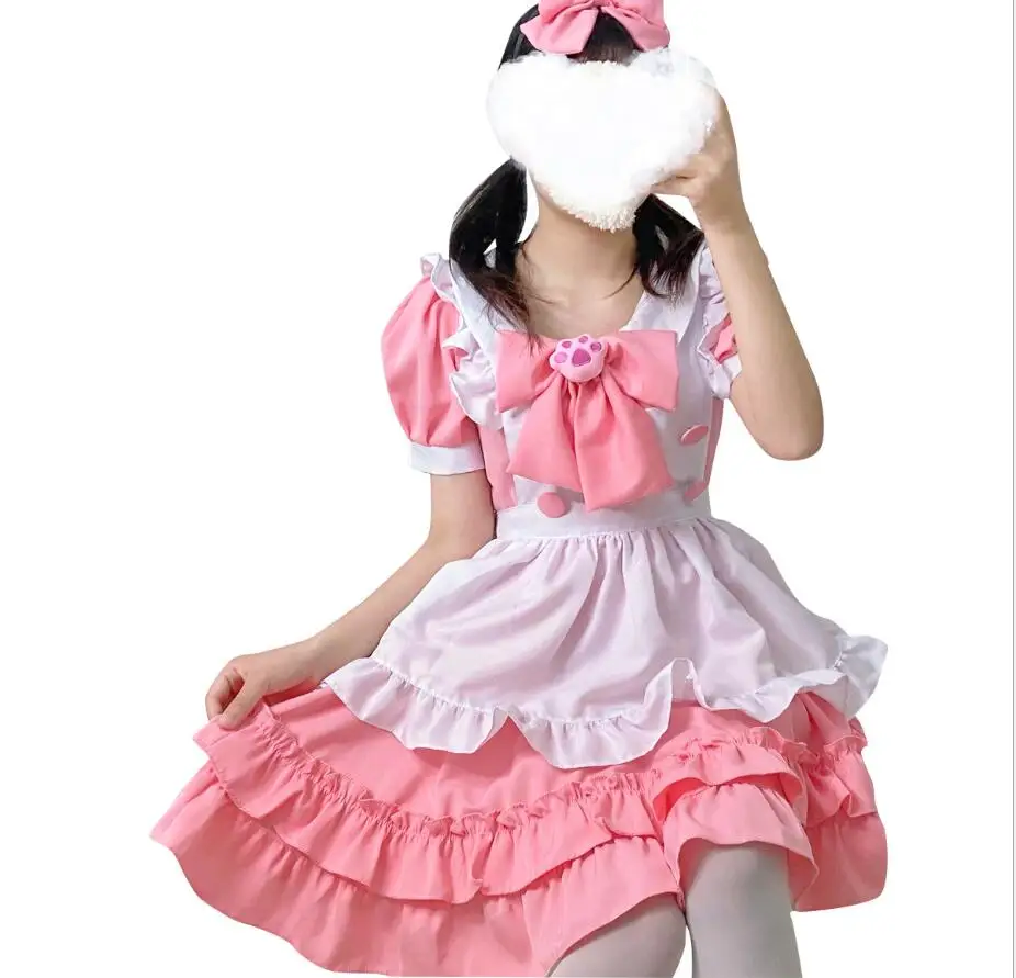 Lolita Vestido bonito rosa plissado empregada roupa kawaii arco nó gato  pata Menina japonesa JK cosplay trajes S-5XL diária uniforme festa