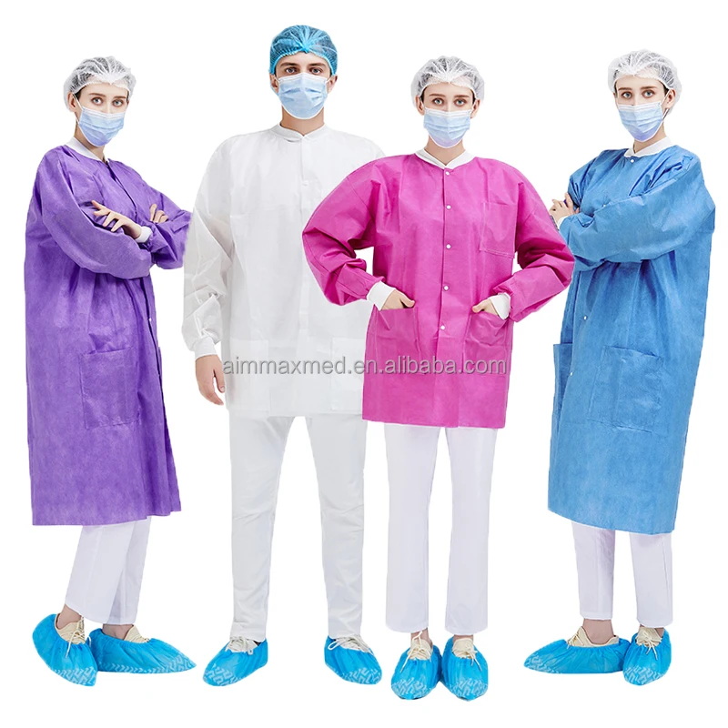 Non Woven Disposable Lab Coat White Color Pocket Knitted Cuff Isolation