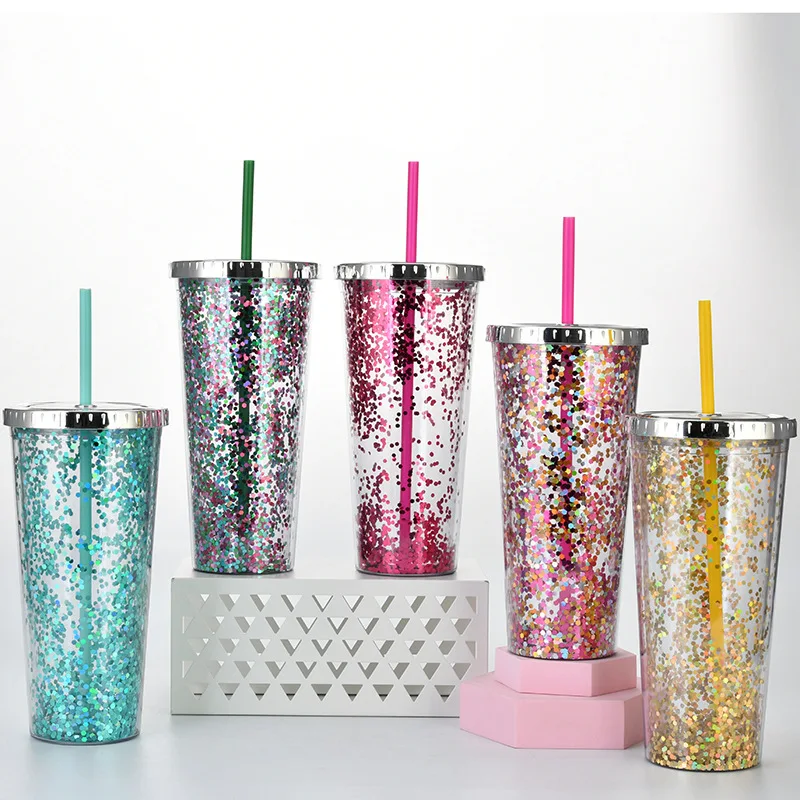 Acrylic Pink Glitter Tumbler With Straw 24 Oz Double Wall Acrylic