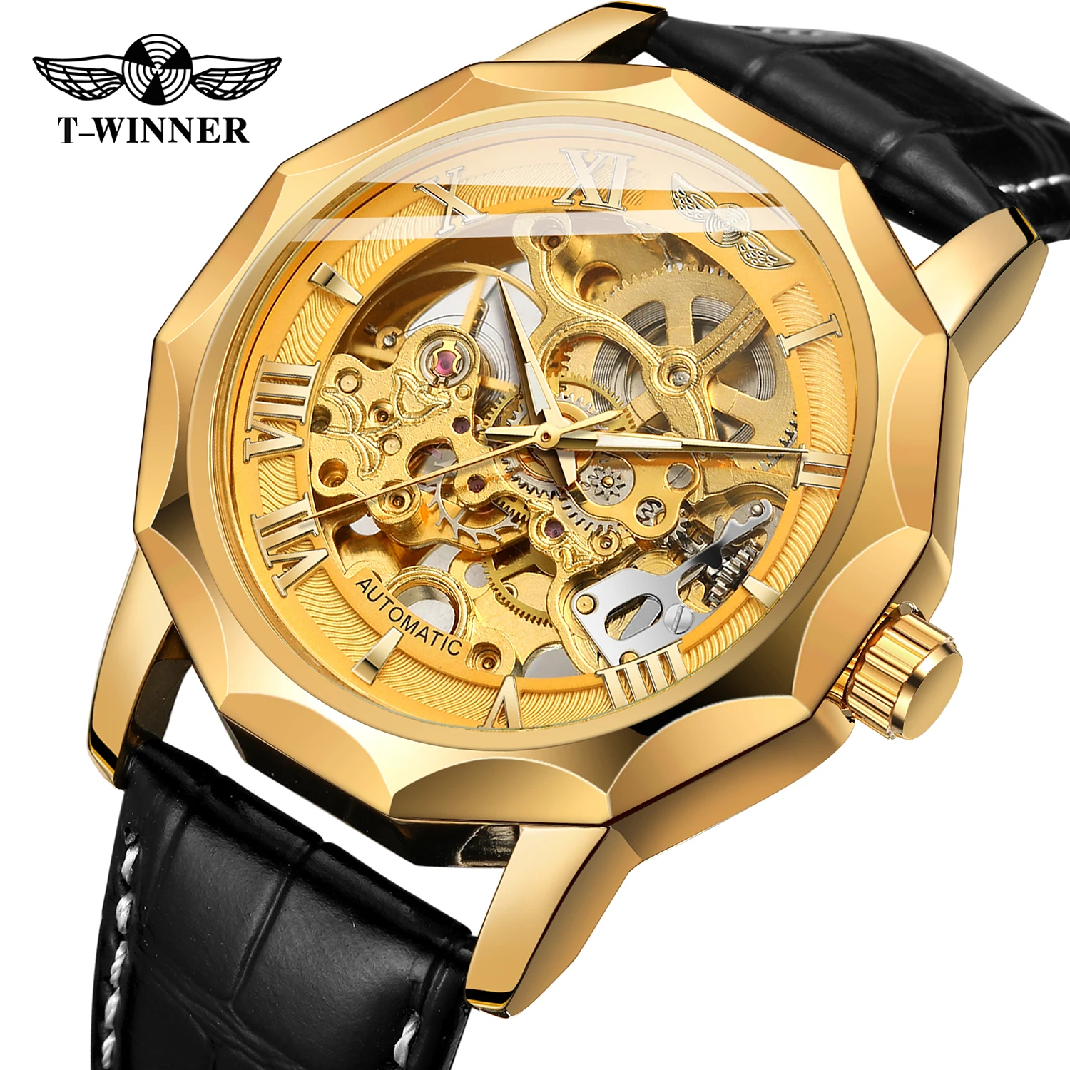 Men's Shanghai Automatic Skeleton Watch with Alarm New Genuine Leather Strap Charm Style