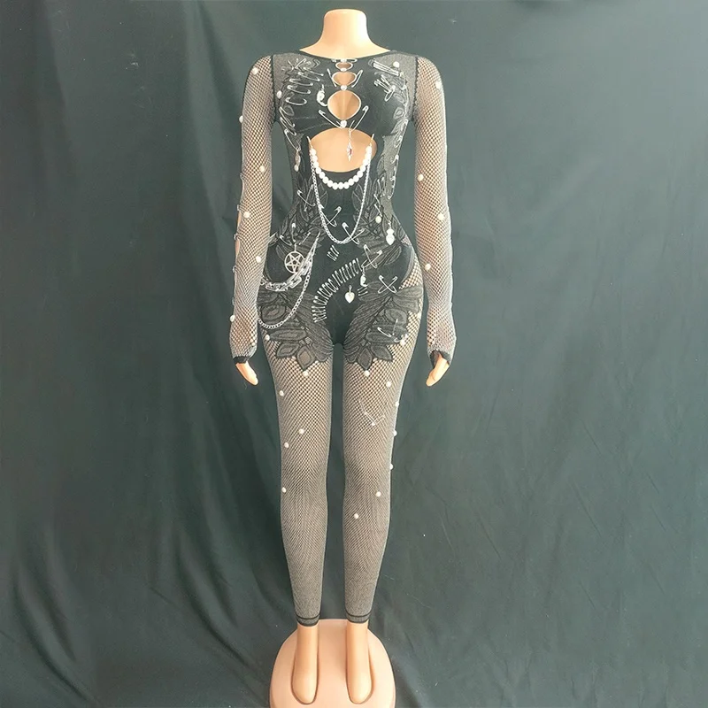 Luxury Women's Elegant Modest Evening Jumpsuit With Pearls & Diamonds Factory Sale Winter Formal Party Club Casual Style