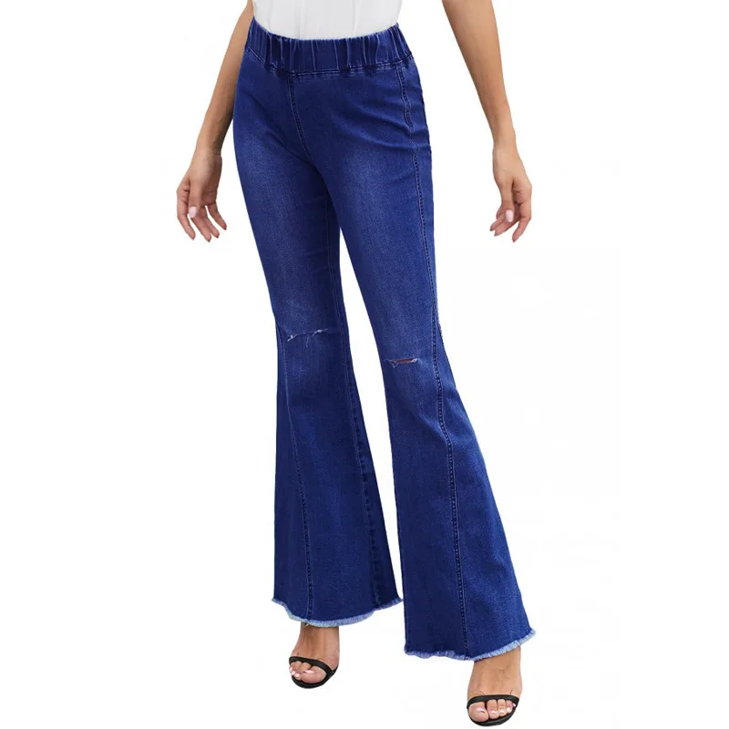 Spring 21 Women Flared Trousers For High Stretch Ladies High Waist Dark Blue Denim Jeans Are In Fashion Trendy Wide Leg Pants Buy High Waist Wide Leg Stack Trousers Womens Bell Bottoms