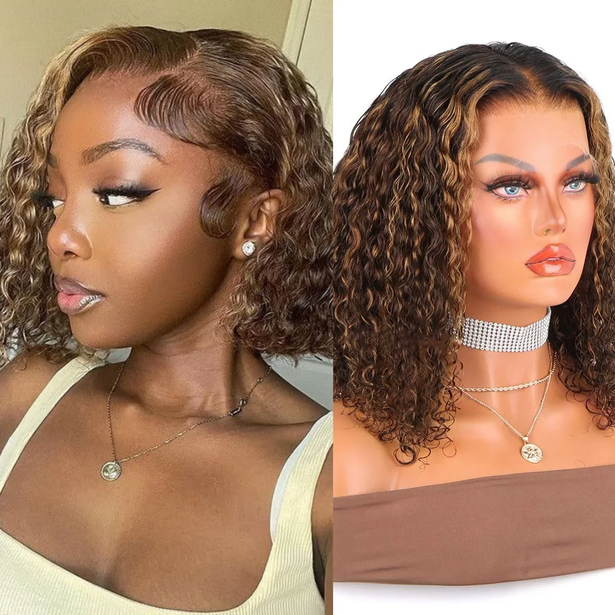 Pruun lühike bob-sinistest lokkis pitsilise esiosaga parukas_voghion.com