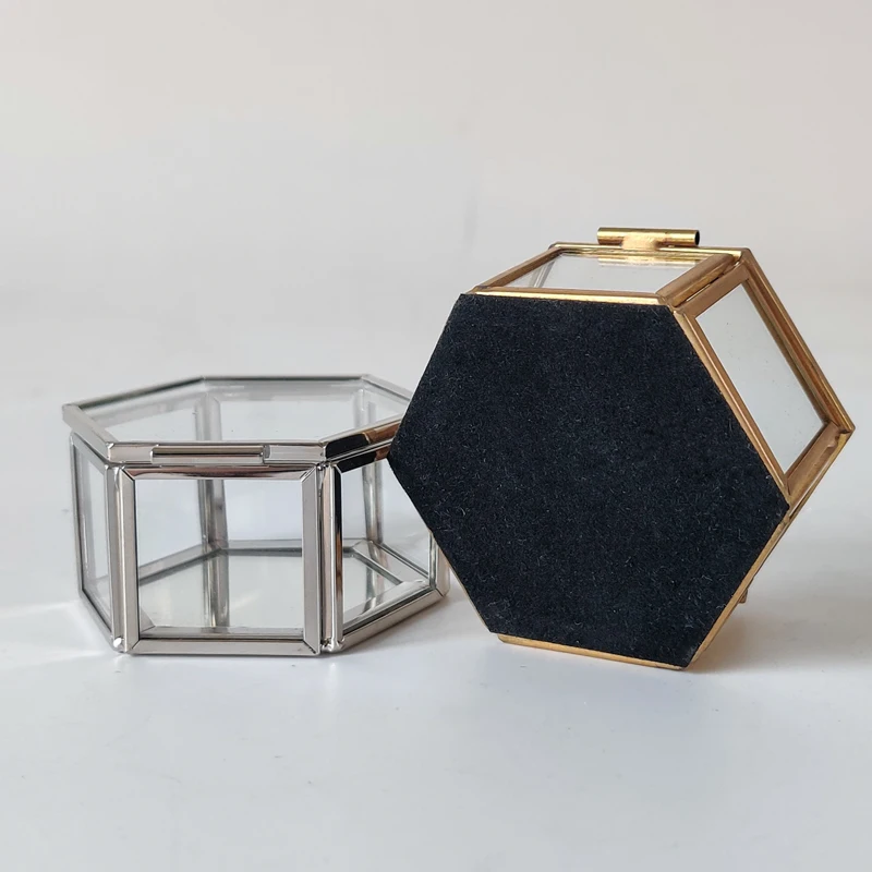 HOT Cheap Geometric Decorative Makeup Organizer Metal Brass Mini Glass Hexagon Jewelry Trinket Box for Gift