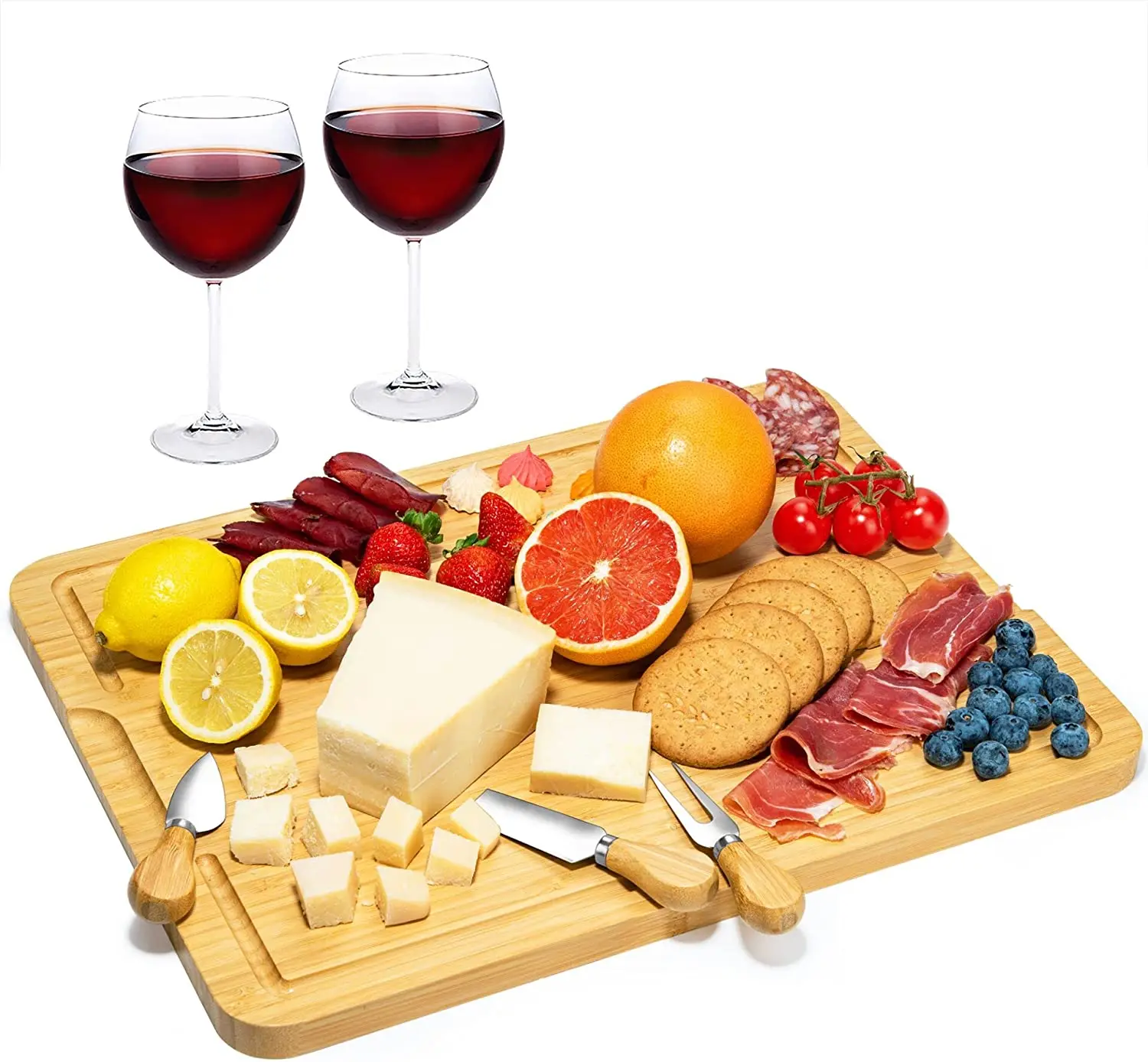Unique Rectangle Bamboo Charcuterie Board Set Includes Magnetic Knife Set for Cheese and Cutting Gifts