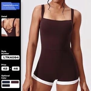 Wholesale Contrast Color Ladies One Piece Sports Bodysuit Workout Rompers Gym Fitness Pilates Yoga Jumpsuit Shorts for Women