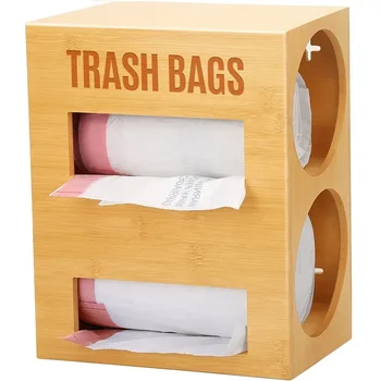 2 in 1 Wall Mounted Bamboo Grocery Bag Holder Trash Bag Dispenser for Garbage Bags