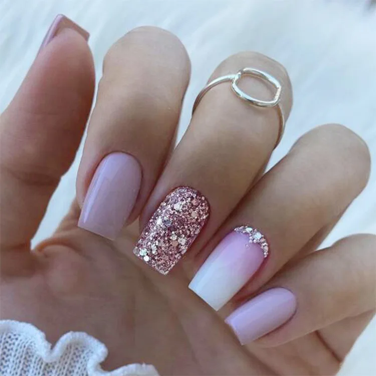 Nail Artificial Short Tips Diamond Press on Nails Full Cover Fake French Nails Set