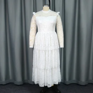 White French Long Sleeve Round Neck Elegant Casual Empire Waist Straight Silhouette Lace Plus Size Women Daily Dress