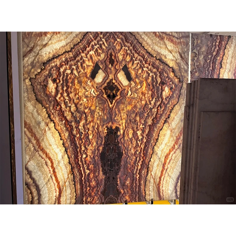 OEM高級半透明オニキス石材壁パネル 薄型コーヒーテーブル ブックマッチ加工済み インテリアデザイン用バックライト付き壁面（キッチン・バスルーム向け）