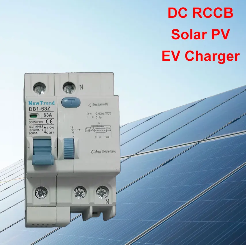 DC RCCB RCD 25A 40A 63A 220V 250V 500V 1000V 30mA 100mA Solar Panel PV Electric Vehicle EV Charger Earth leakage circuit breaker