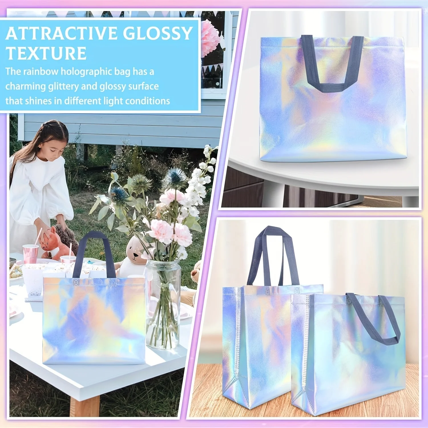 Reusable Laser Iridescent Laminated pp Nonwoven Garment Shopping Tote Bag Personalize Custom Gradient Metallic Non Woven Bag