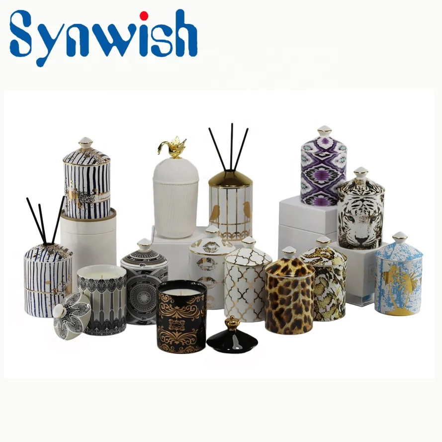 Synwish High Quality Embossed Logo Empty Custom Jars Ceramic Porcelain Candle Holder Jar Vessels with Lid manufacture