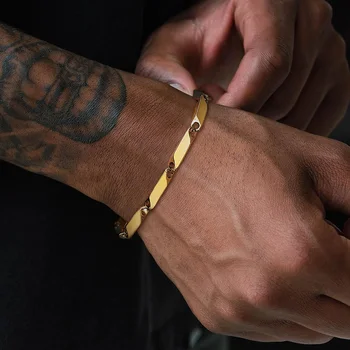 Gold Plated Bracelet Stainless Steel Geometric Solid Link Triangle Beveled Pattern Men's Fashion Jewelry Bracelets