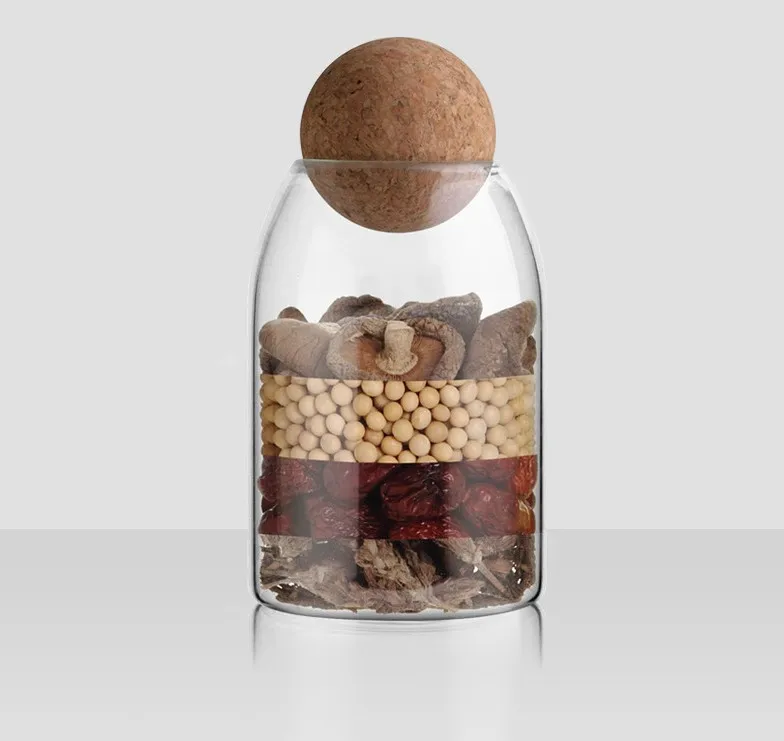 Transparent Borosilicate Glass Storage Jar Cork Ball Lid Stopper 500ml 800ml 1200ml Capacities Safe Fresh Food Container Bamboo