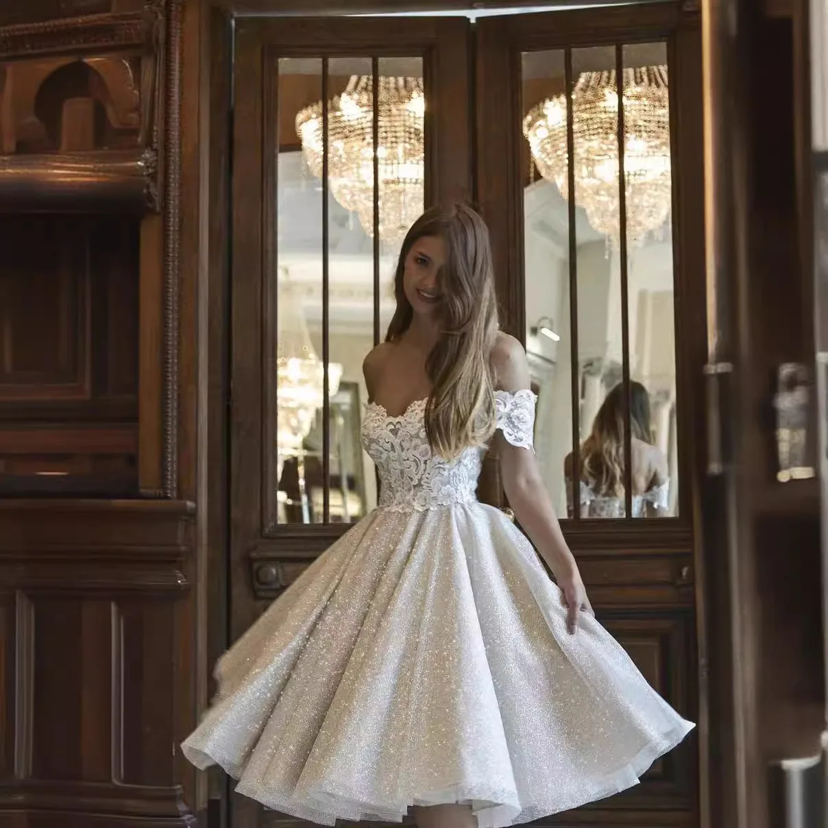 Glitter Elegant Wedding Dress Modern Off-Shoulder V-Neck Backless Lace Mini  Skirt Cute Bridal Dress
