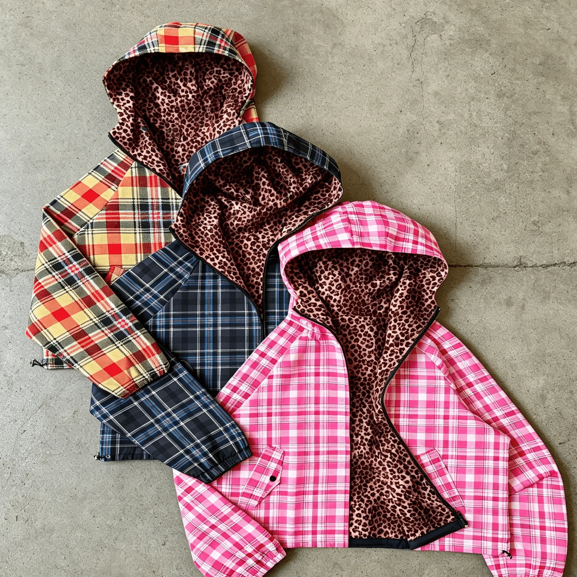 Y2K Retro Plaid Leopard Reversible Cropped Hooded Jacket Unisex Elastic Cuff Zip up Harajuku Casual Street Outerwear