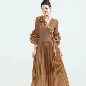 New Plus Size Pleated Dress for Women - V-Neck Ruffle Sleeve Flowy Midi Polyester Dress