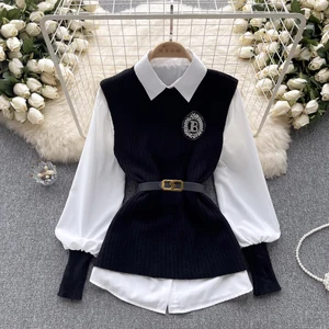 GX5427 Fashion Boutique Street Wear Color Patchwork Women Long Sleeve White Shirt and Sleeveless Knitted Vest 2 Piece Set