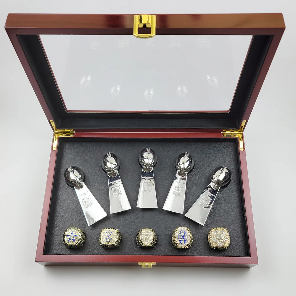 Dallas Cowboys Set of 5 Gold Color Super Bowl Rings With Wooden Display Box