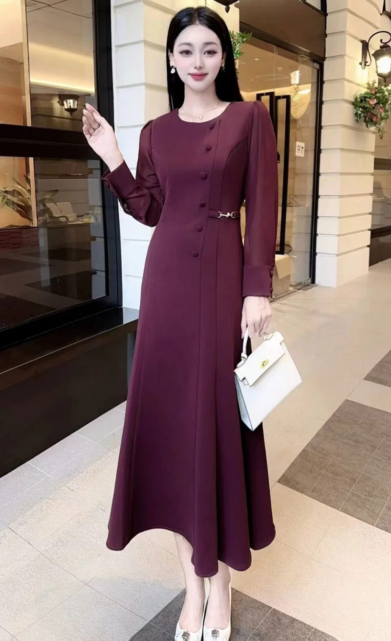 High Quality Brand New Dress 2024 Autumn Women O-Neck Tunic Button Buckle  Deco Long Sleeve Dark Blue Wine Red Party Dress XXL