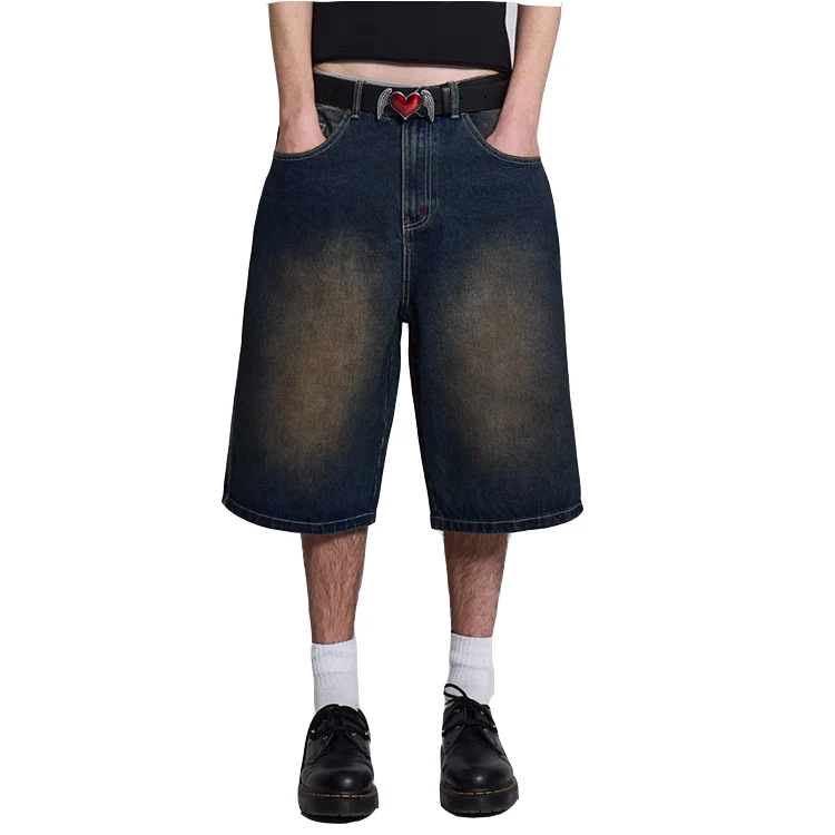 Custom Logo Embroidery Acid Wash Jorts Men Baggy Mid-waist