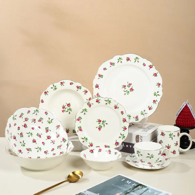 Wholesale Floral Ceramic Plate Porcelain Dinner Set Kitchen Tablewares Wedding Plates Restaurant Ceramic Tableware Set