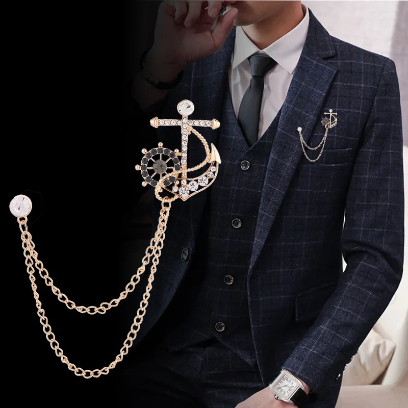 Aineecy Mens Anchor Rudder Lapel Brooch Pins Rhinestone Chain Tassel Suit Brooch for Men Fashion Party Jewelry 