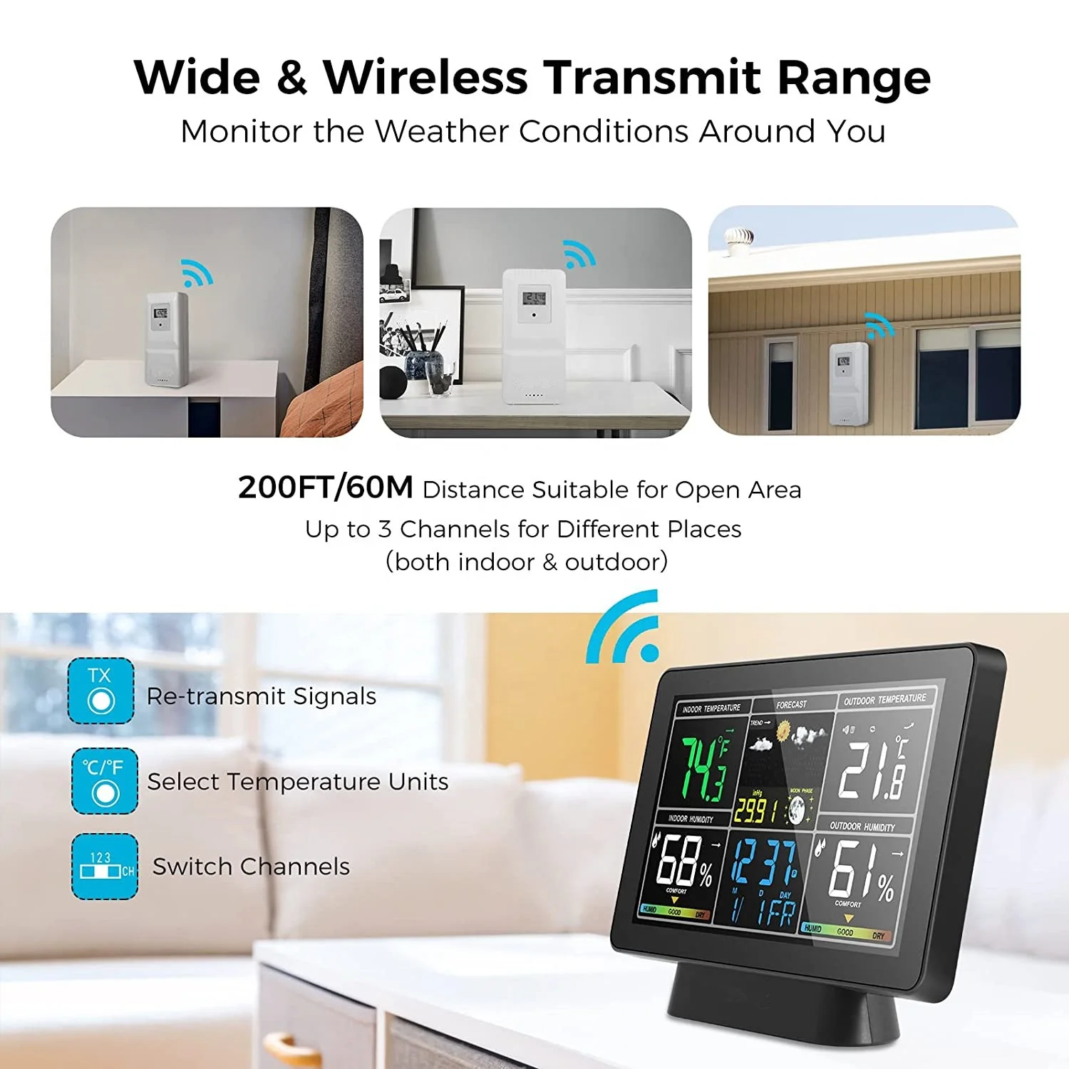 Colorful Digital Display Radio Control Indoor Outdoor Temperature Humidity Forecast Wireless Weather Station