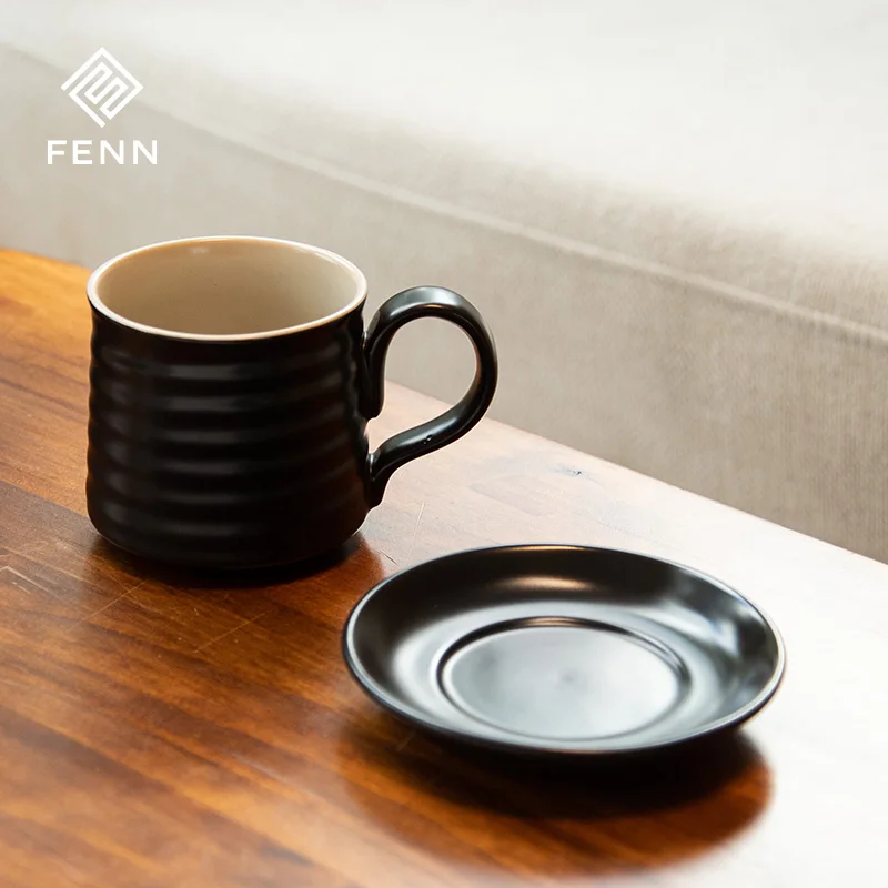 FENN Custom Logo 280ml Minimalist Matte Black Porcelain Coffee Teacup and Saucer Set Wholesale Ceramic Coffee Mug for Gifts