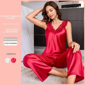 Women's European American Style Casual Suspender Pajamas Comfortable Long Pants Loungewear Set Elastic Waist Breathable Summer