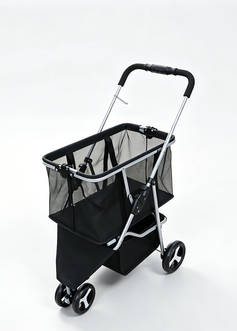 product new 3 wheel double layer pet stroller one click fold detachable hand pull cart multifunctional outdoor shopping grocery basket-5