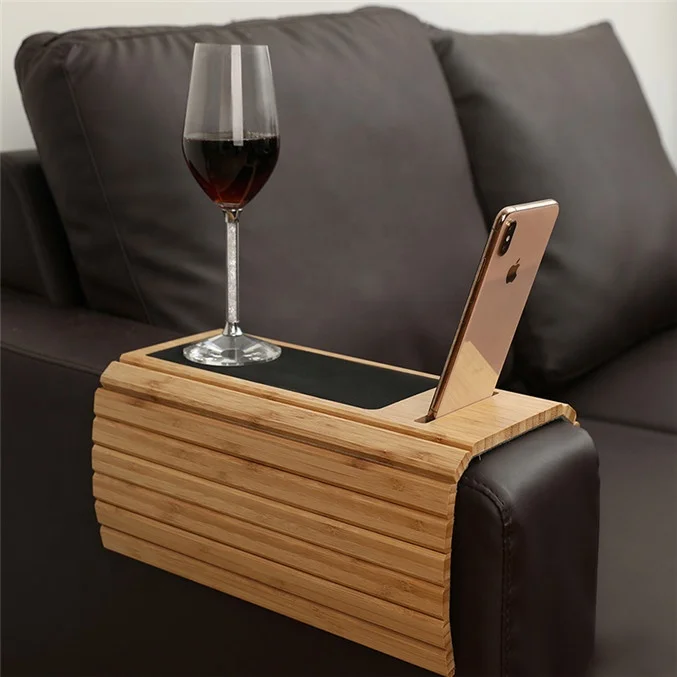 Bamboo Sofa Armrest Tray Table - Adjustable Couch Arm Table For Drinks & Snacks