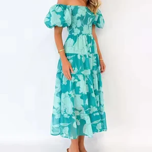 Custom High Quality  Summer Causal Dress Elegant Women Off Shoulder Puff Sleeve Women Casual Sexy Elegant Printed Dresses