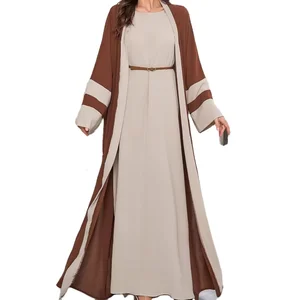 Middle East Muslim Robe Striped Contrast Long Sleeve Cardigan Spring New Elegant Loose Dress