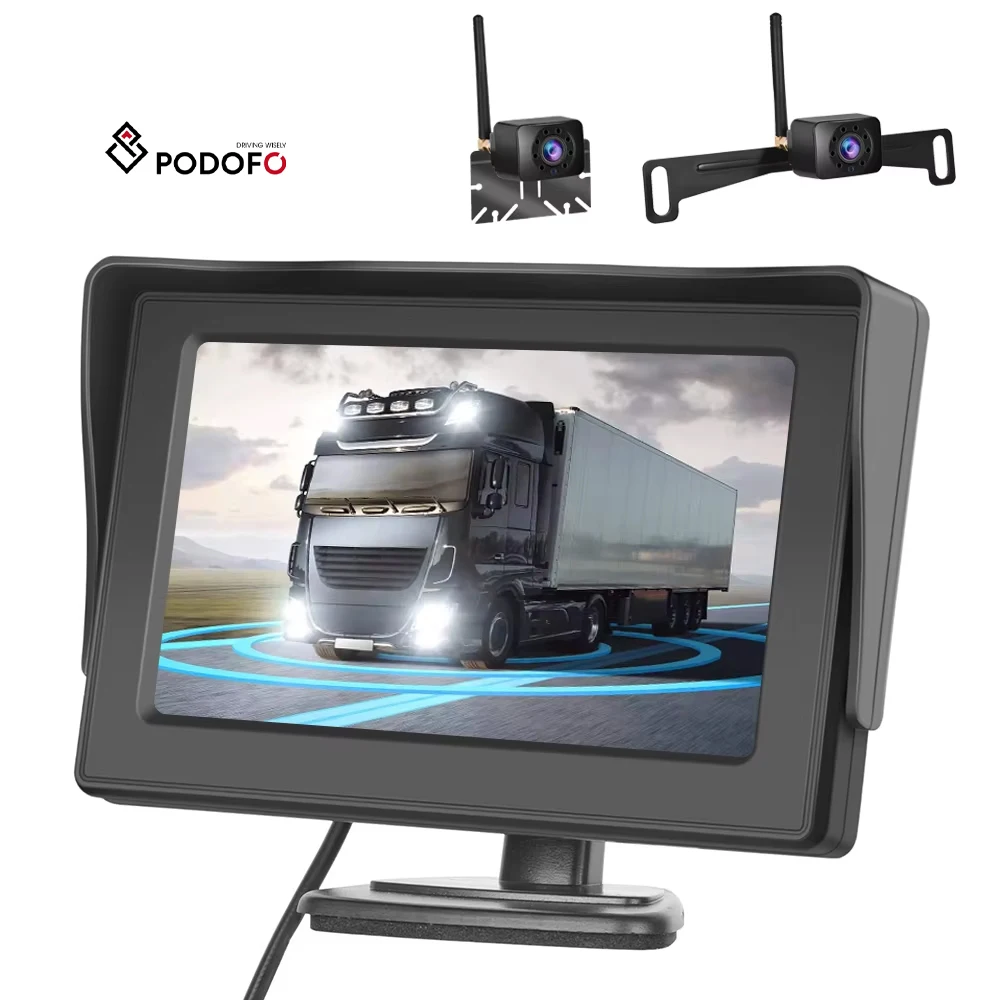 Podofo 4.3 Inch Digital Wireless Backup Monitor Kit Waterproof Night Vision Rear View Camera With License Plate Holder A3164